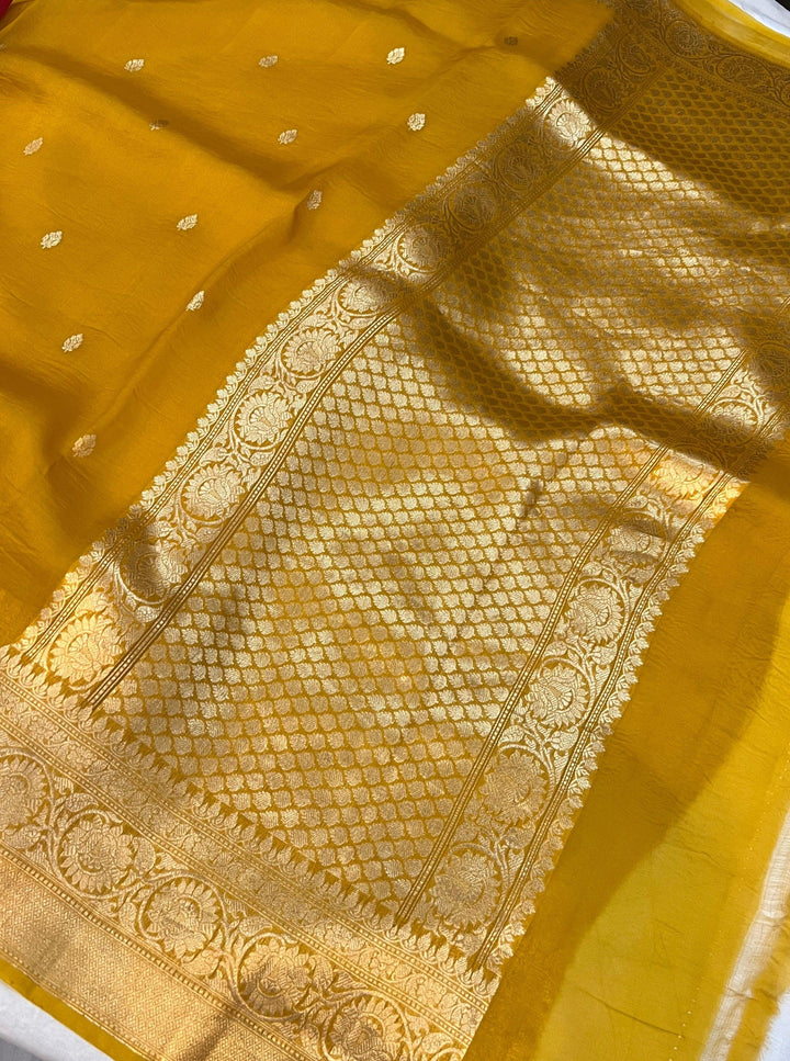 Mustard Yellow Banarasi Handloom Kora Silk Saree - Aura Benaras