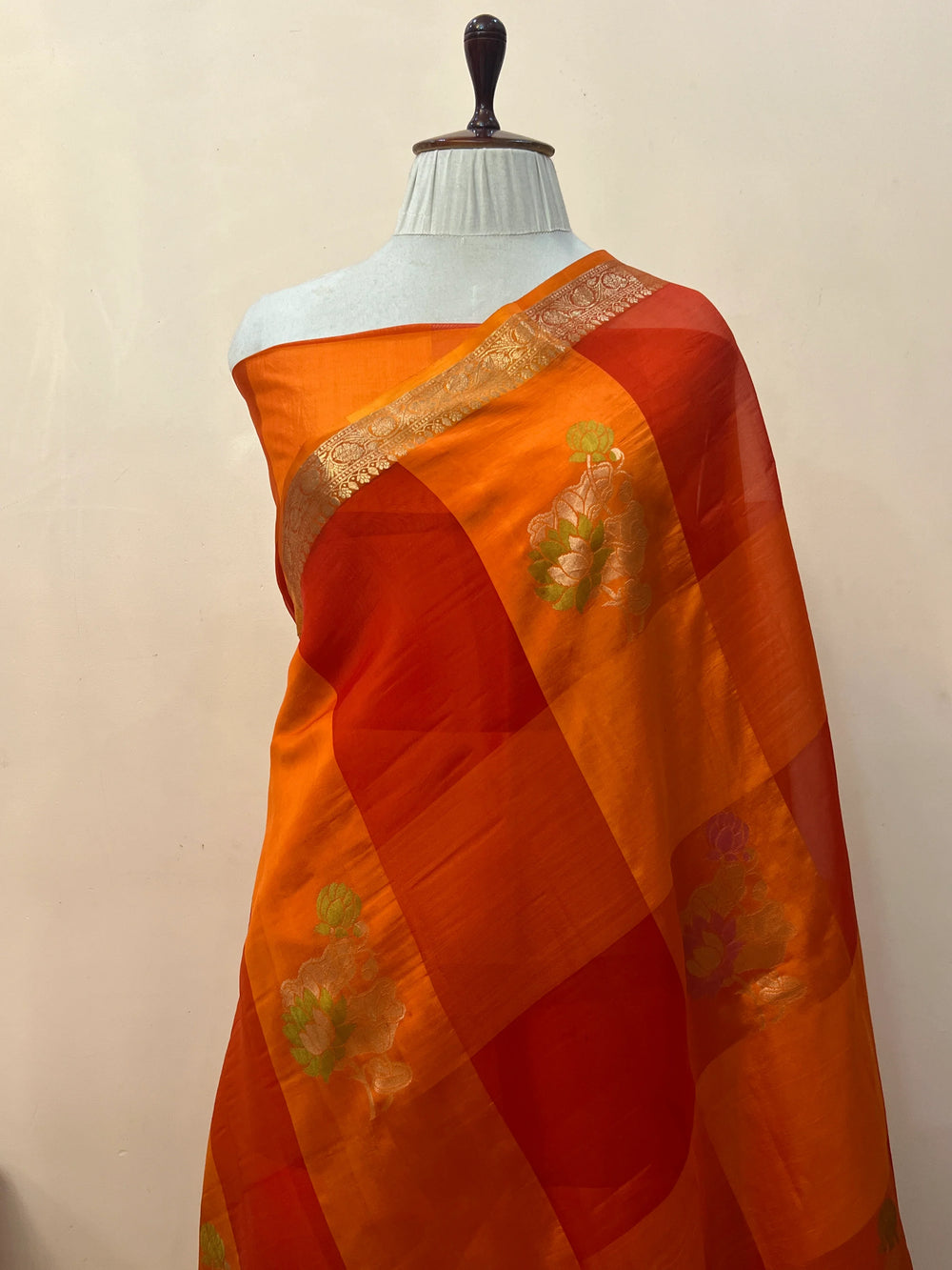 Orange Kora & Silk Banarasi Saree with Stripes & Butis