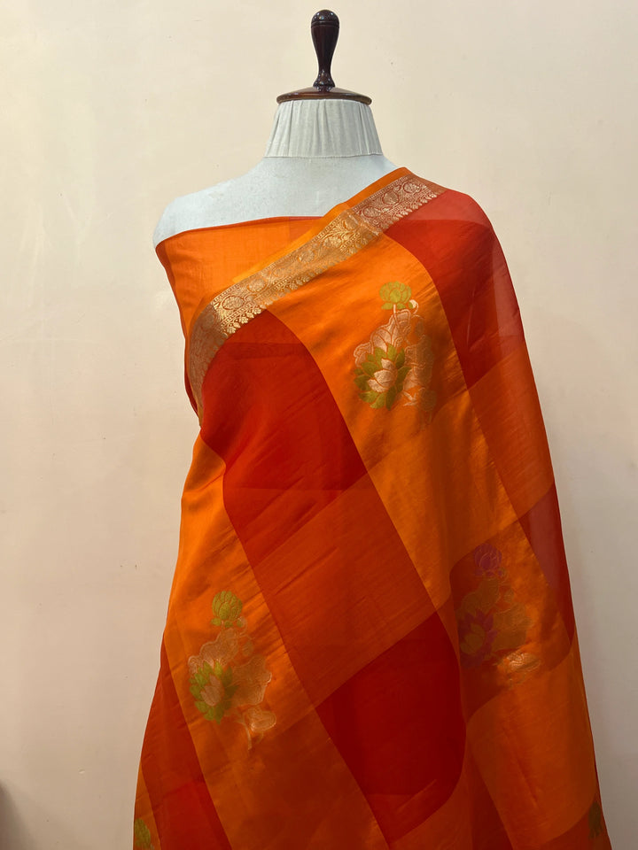 Orange Kora & Silk Banarasi Saree with Stripes & Butis
