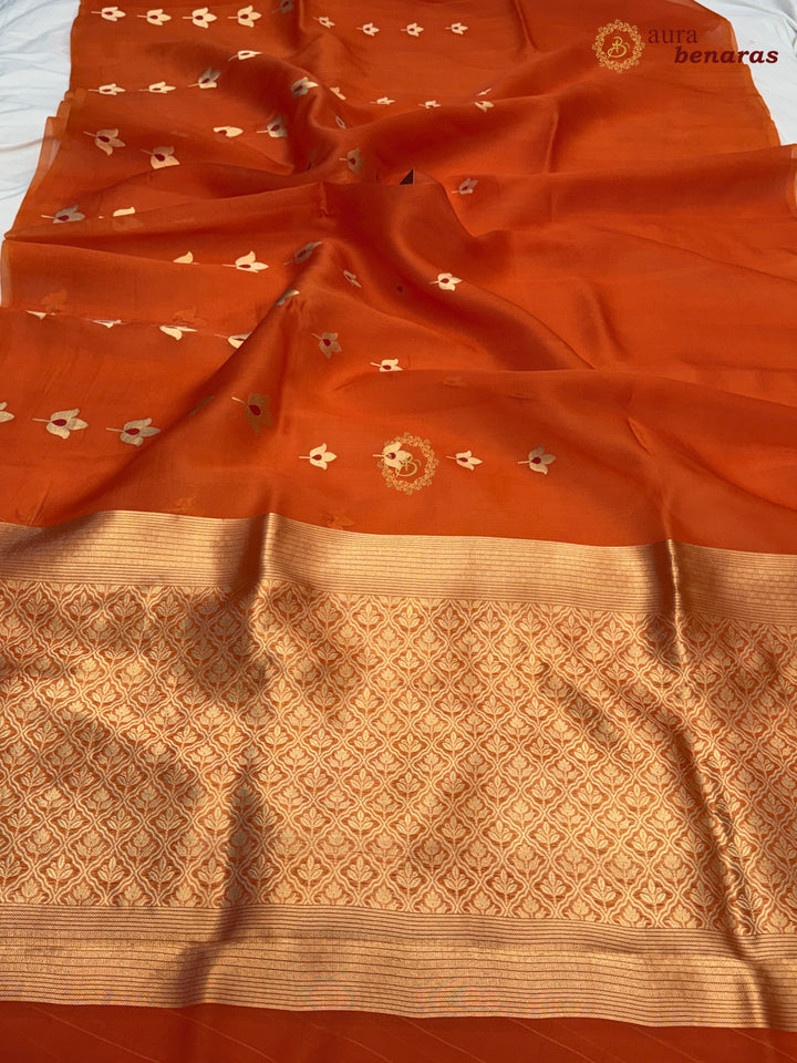 Orange Pure Kora Silk Banarasi Saree with Kadhwa Meenakari Lotus