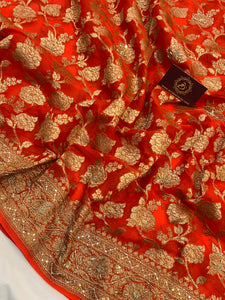 Orange Zardozi Handloom Pure Georgette Silk Saree - Aura Benaras