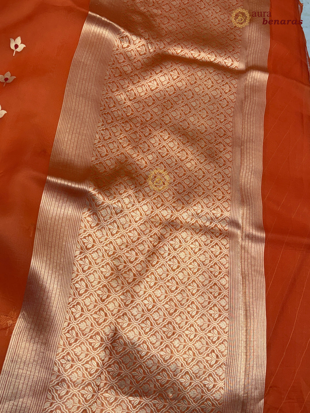 Orange Pure Kora Silk Banarasi Saree with Kadhwa Meenakari Lotus