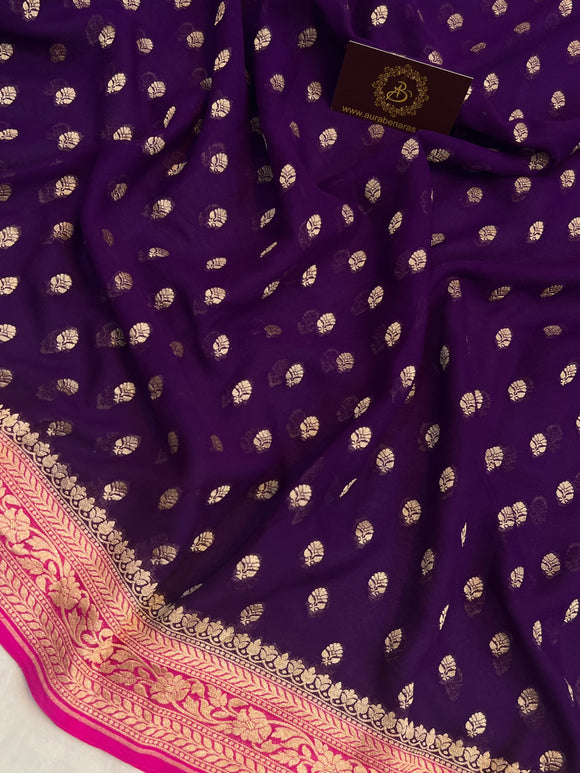 Purple Pure Khaddi Georgette Handloom Banarasi Saree