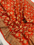 Orange Zardozi Handloom Pure Georgette Silk Saree - Aura Benaras