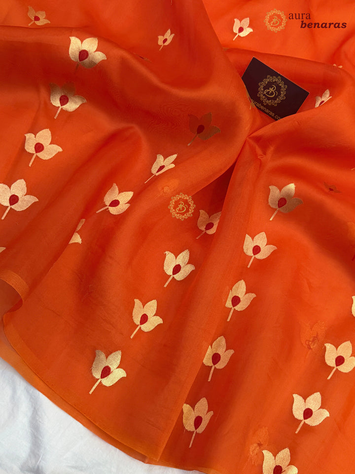 Orange Pure Kora Silk Banarasi Saree with Kadhwa Meenakari Lotus