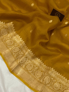 Mustard Yellow Banarasi Handloom Kora Silk Saree - Aura Benaras