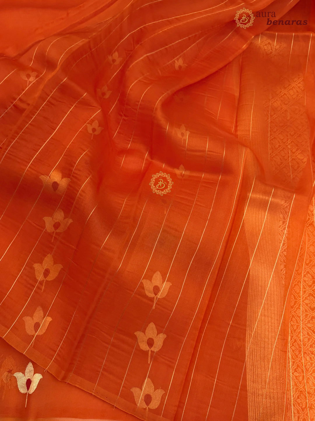 Orange Pure Kora Silk Banarasi Saree with Kadhwa Meenakari Lotus