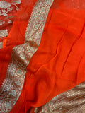 Orange Zardozi Handloom Pure Georgette Silk Saree - Aura Benaras