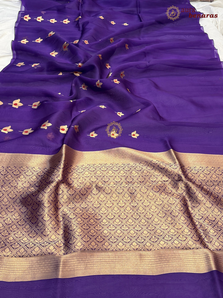 Purple Pure Kora Silk Banarasi Saree with Kadhwa Meenakari Lotus