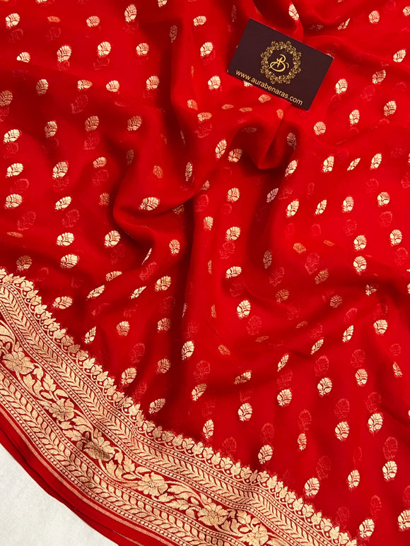 Red Pure Khaddi Georgette Handloom Banarasi Saree