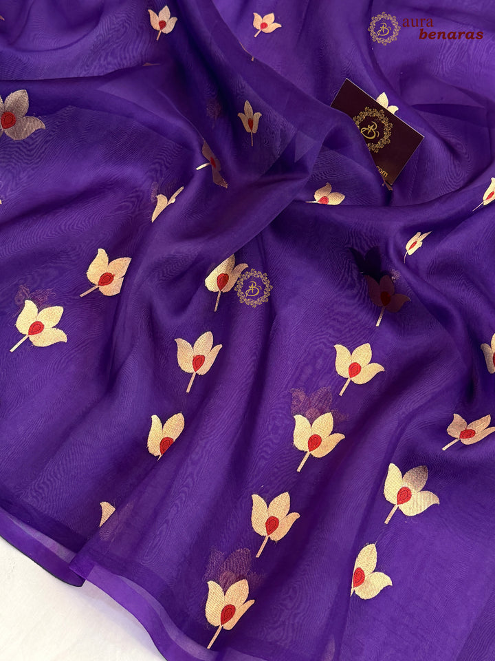 Purple Pure Kora Silk Banarasi Saree with Kadhwa Meenakari Lotus