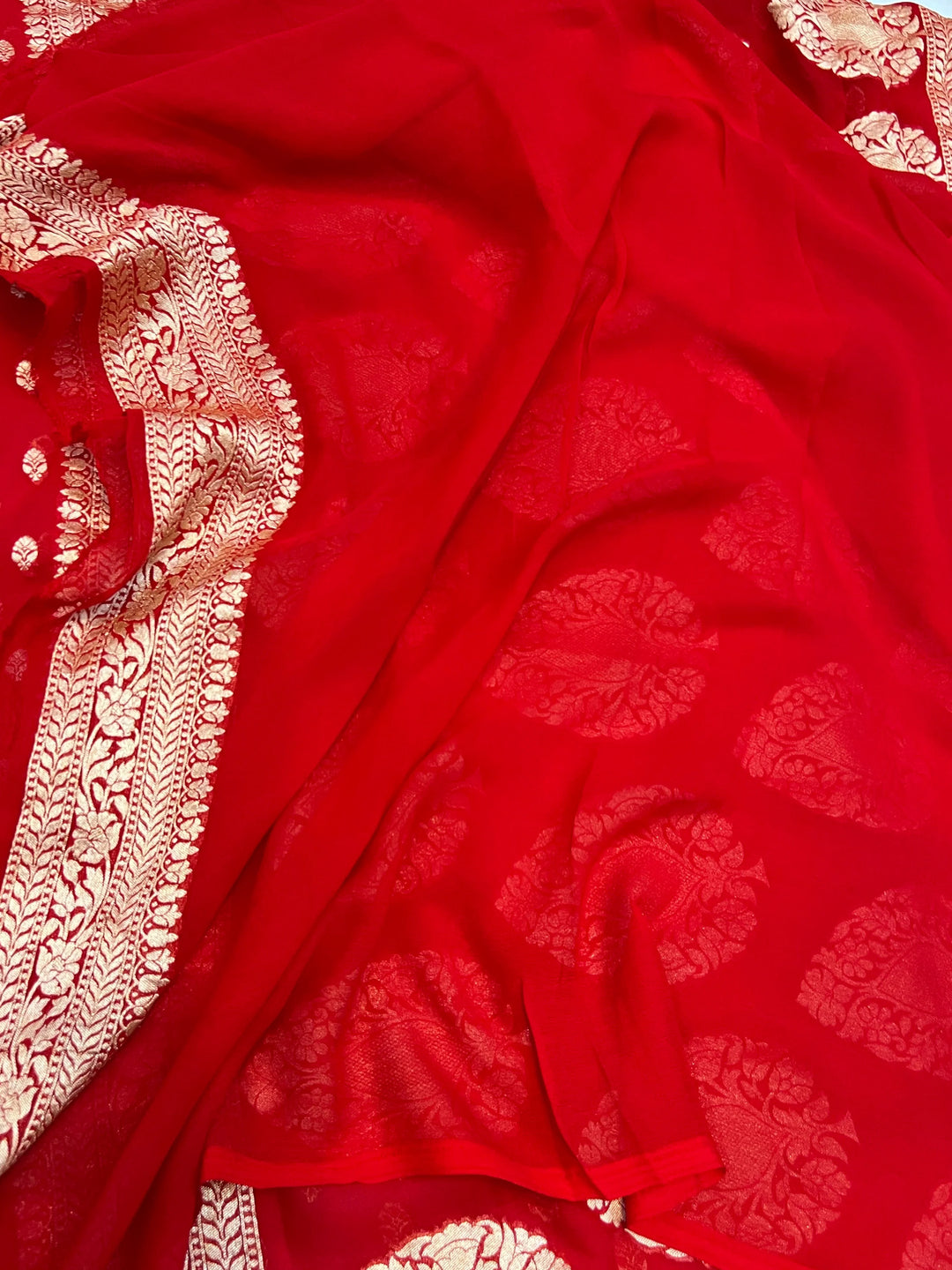 Red Pure Khaddi Georgette Handloom Banarasi Saree