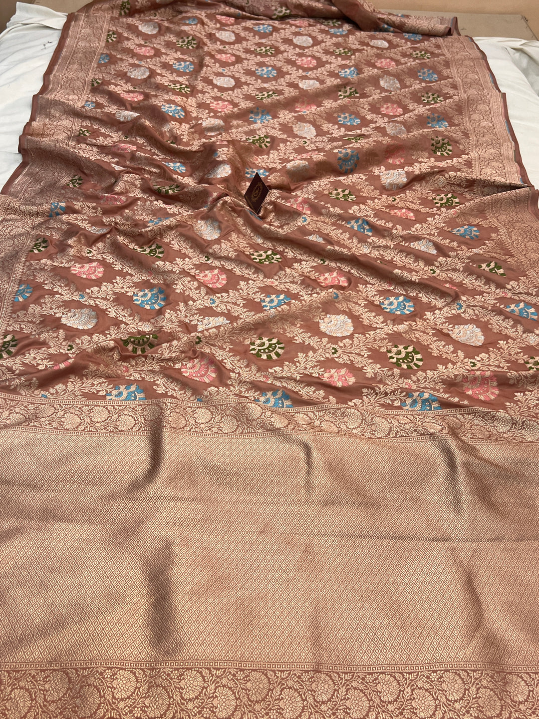 French Beige Pure Katan Satin Silk Handloom Banarasi Saree