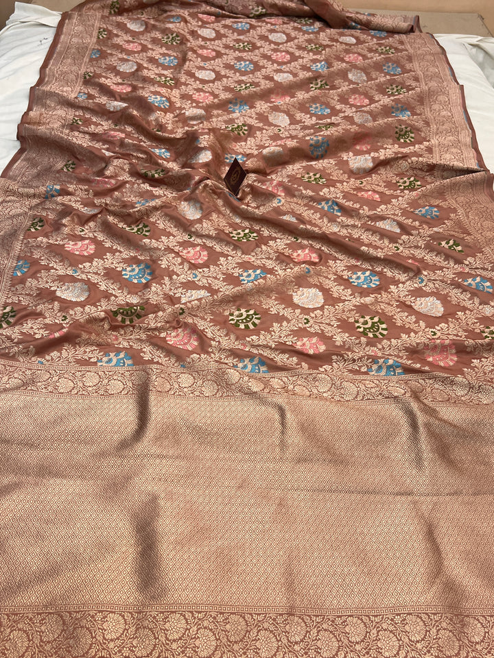 French Beige Pure Katan Satin Silk Handloom Banarasi Saree