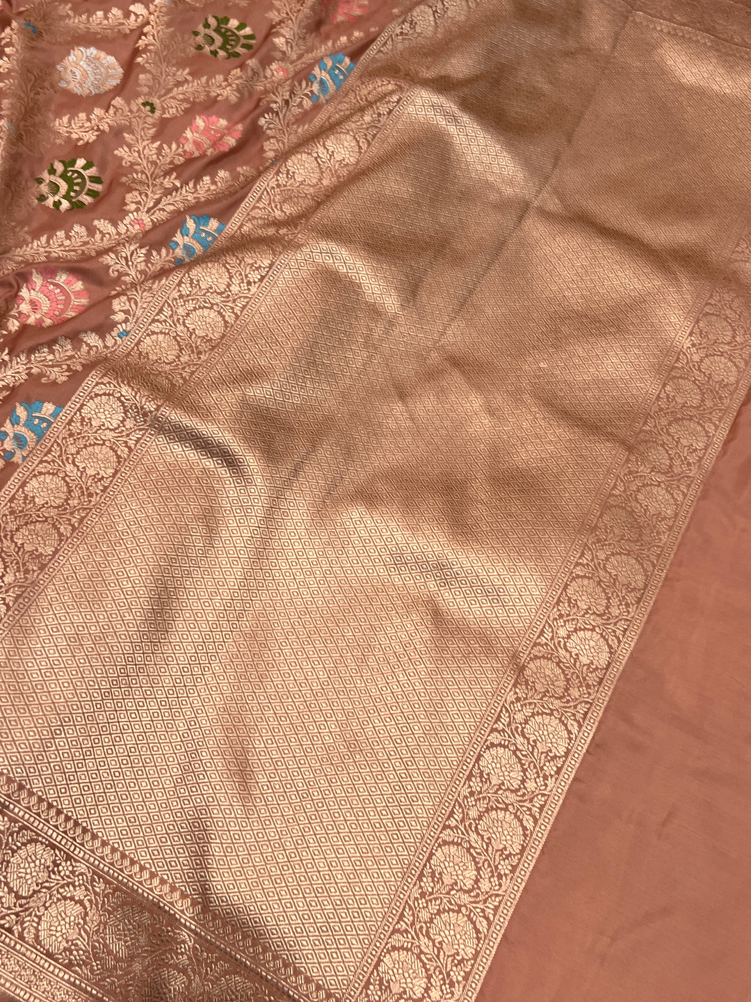French Beige Pure Katan Satin Silk Handloom Banarasi Saree