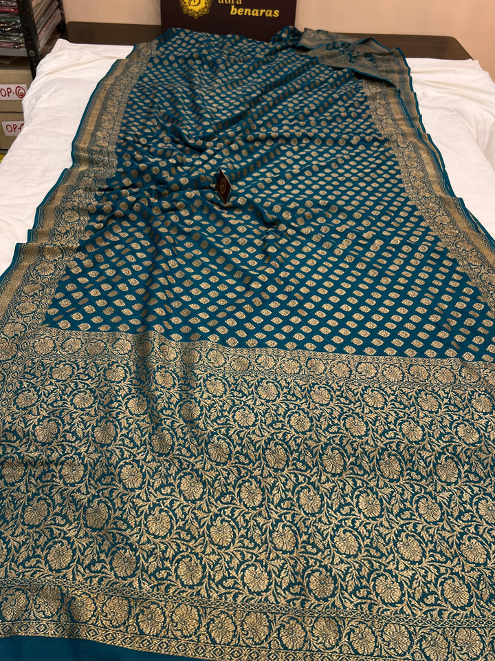 Rama Green Pure Khaddi Georgette Handloom Banarasi Saree