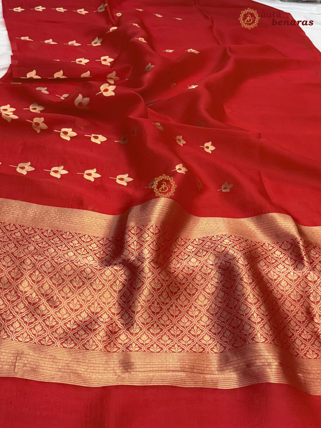 Red Pure Kora Silk Banarasi Saree with Kadhwa Meenakari Lotus