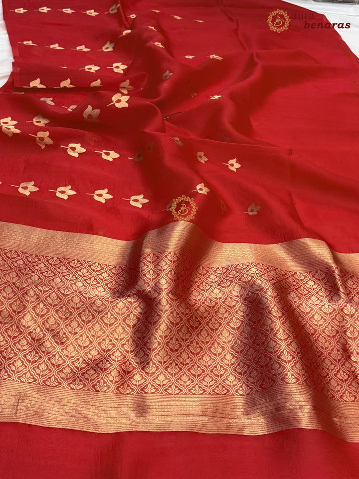 Red Pure Kora Silk Banarasi Saree with Kadhwa Meenakari Lotus