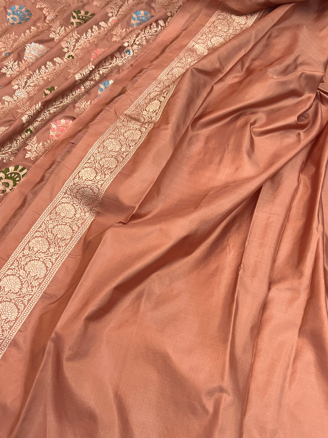 French Beige Pure Katan Satin Silk Handloom Banarasi Saree