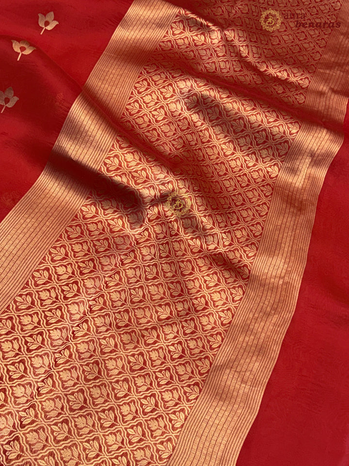 Red Pure Kora Silk Banarasi Saree with Kadhwa Meenakari Lotus