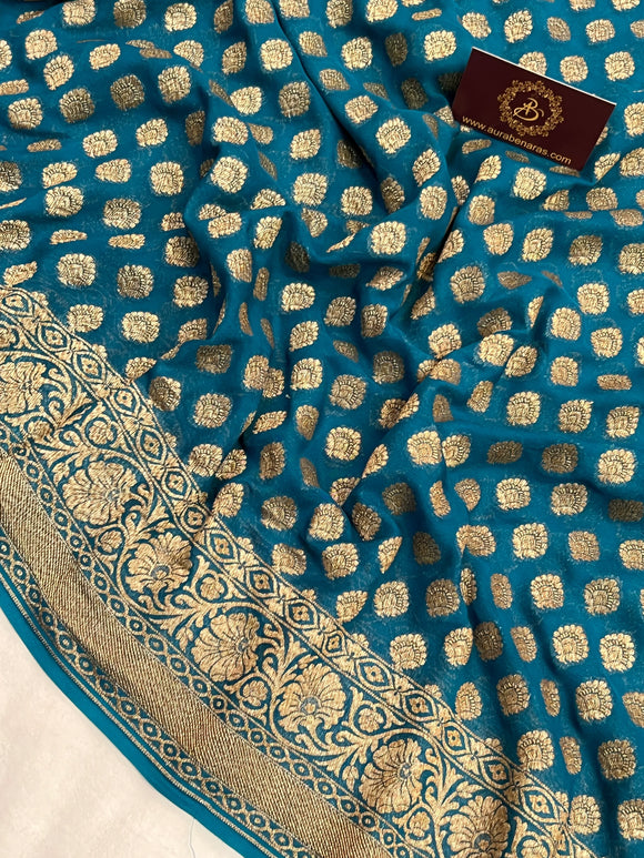 Rama Green Pure Khaddi Georgette Handloom Banarasi Saree