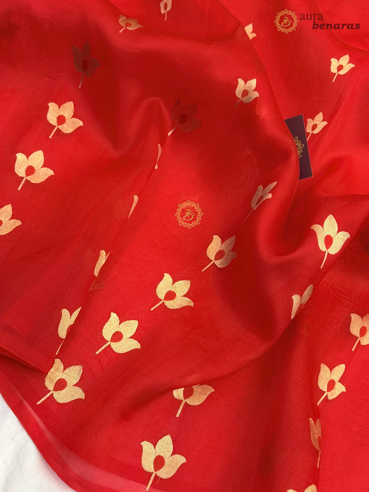 Red Pure Kora Silk Banarasi Saree with Kadhwa Meenakari Lotus