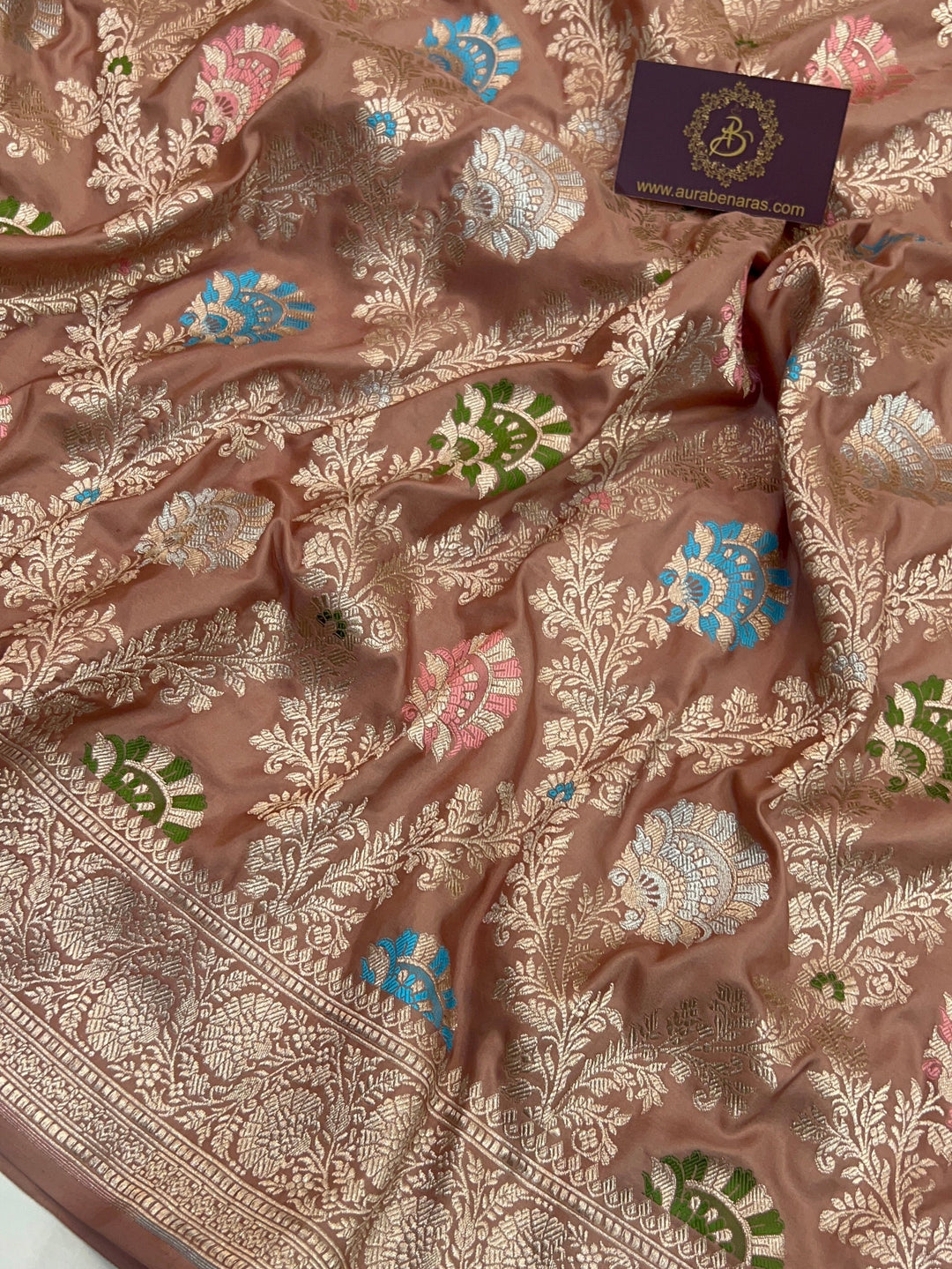 French Beige Pure Katan Satin Silk Handloom Banarasi Saree