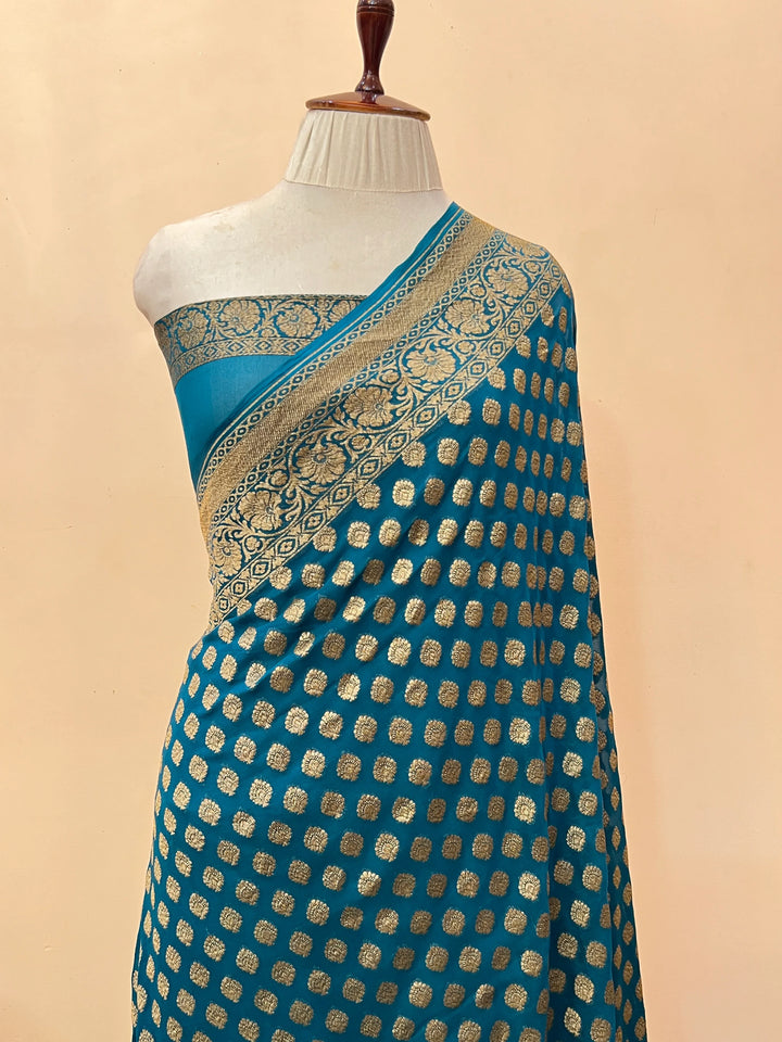 Rama Green Pure Khaddi Georgette Handloom Banarasi Saree