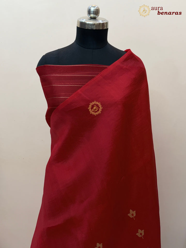 Red Pure Kora Silk Banarasi Saree with Kadhwa Meenakari Lotus