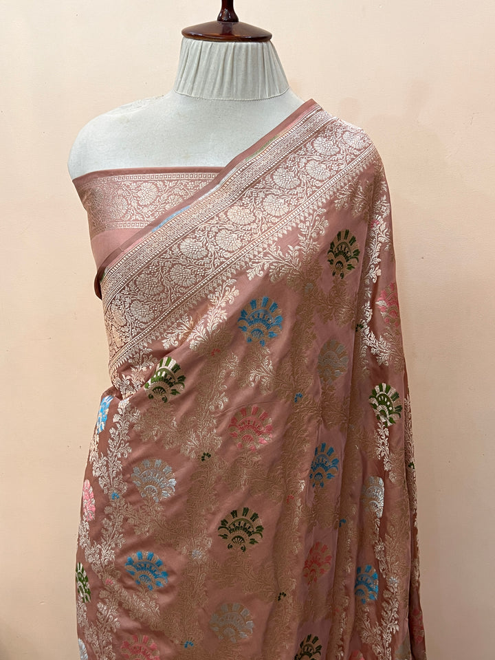 French Beige Pure Katan Satin Silk Handloom Banarasi Saree