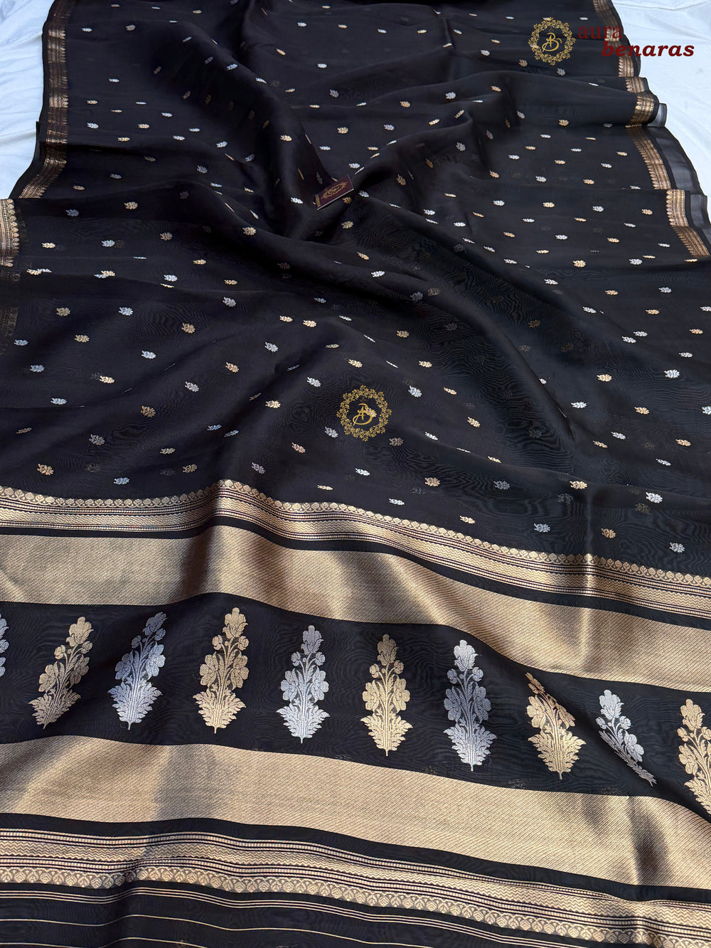 Pure Black Kora Silk Banarasi Saree with Kadhwa Flower Butas