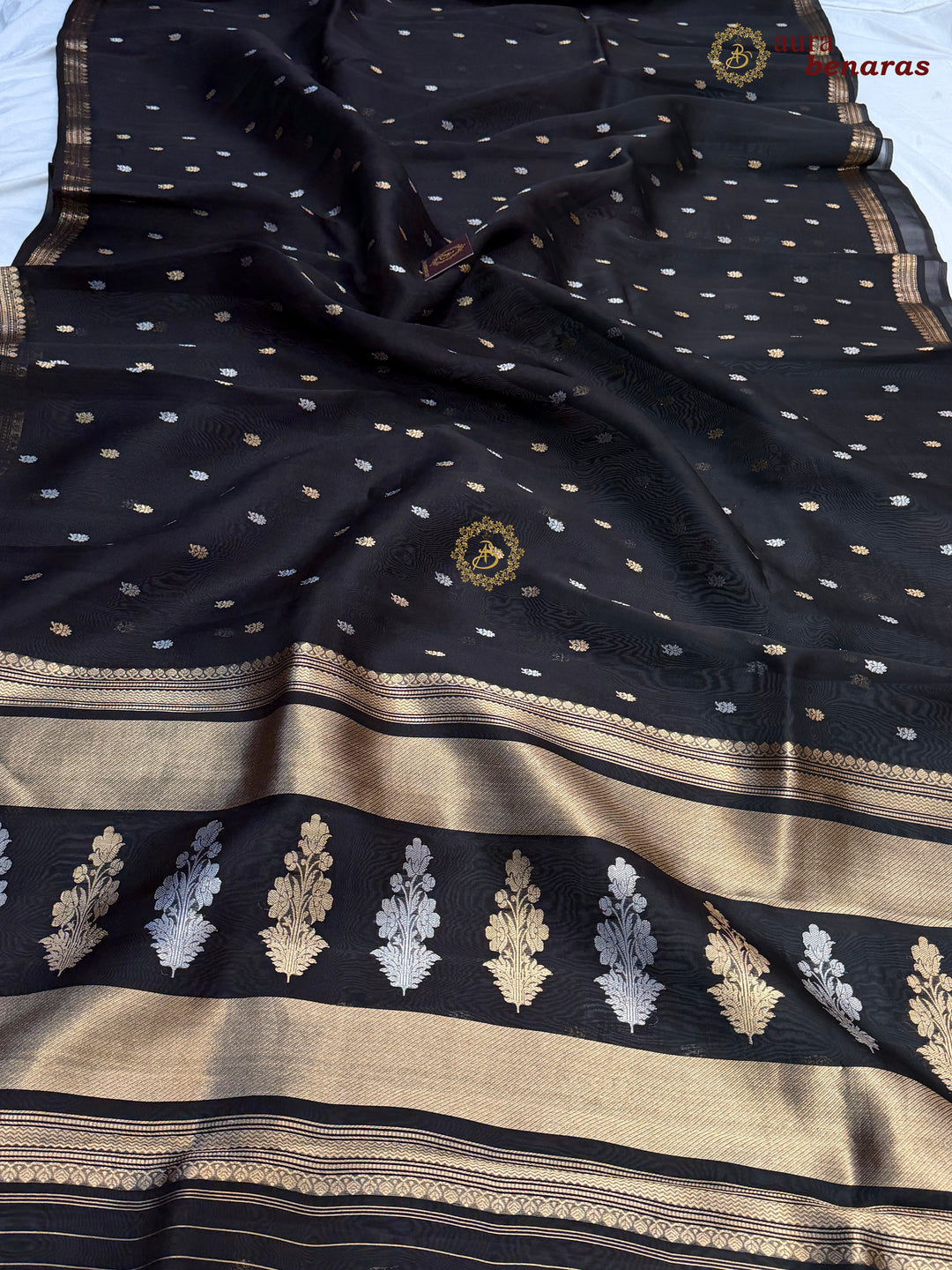 Pure Black Kora Silk Banarasi Saree with Kadhwa Flower Butas