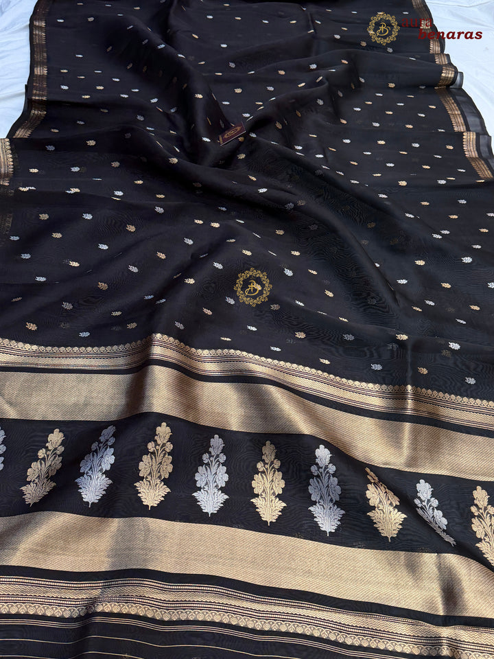 Pure Black Kora Silk Banarasi Saree with Kadhwa Flower Butas