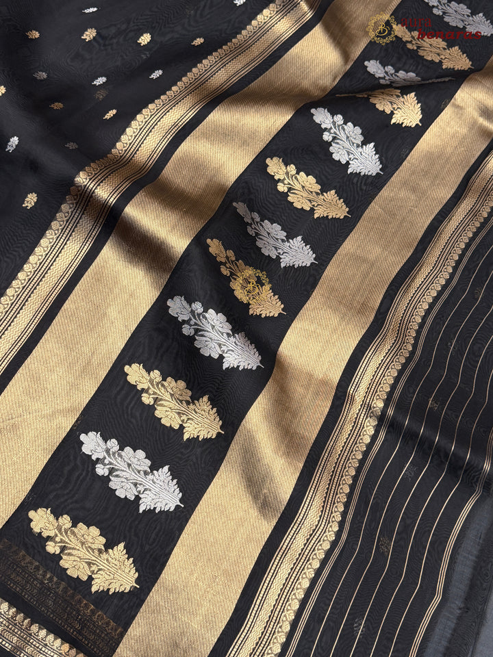Pure Black Kora Silk Banarasi Saree with Kadhwa Flower Butas