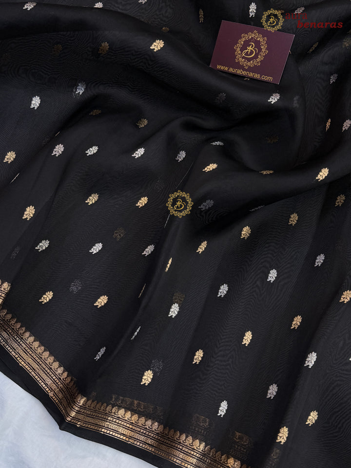 Pure Black Kora Silk Banarasi Saree with Kadhwa Flower Butas