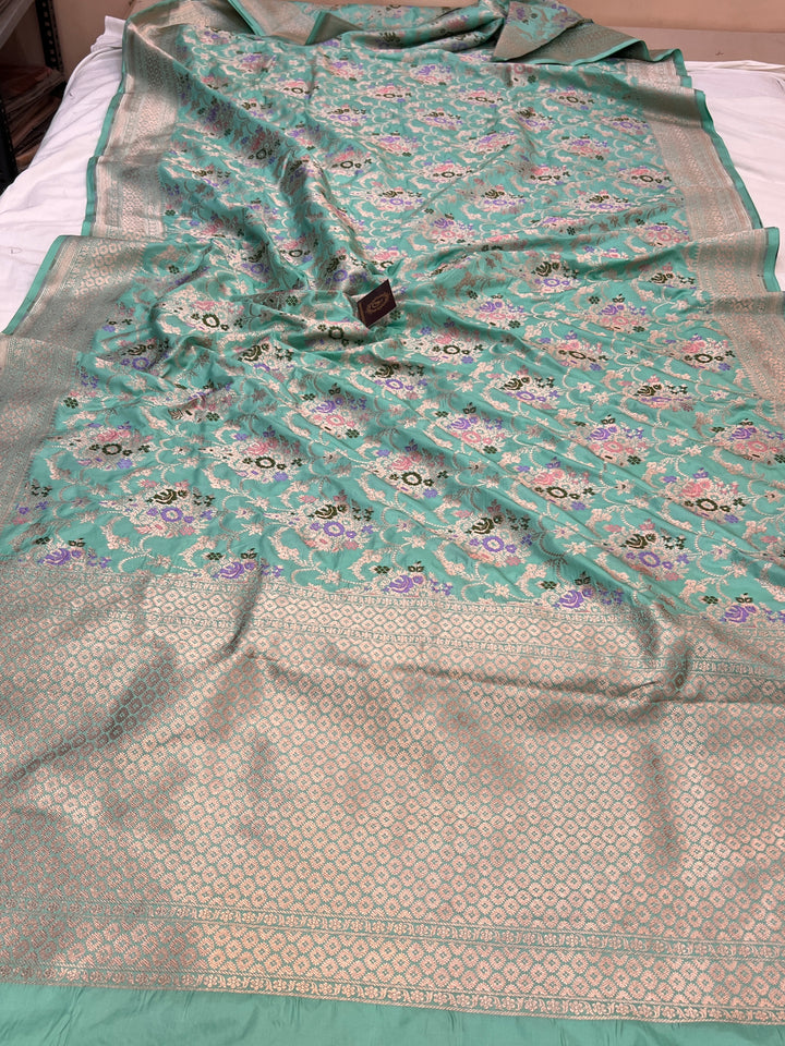 Sea Green Pure Katan Satin Silk Handloom Banarasi Saree