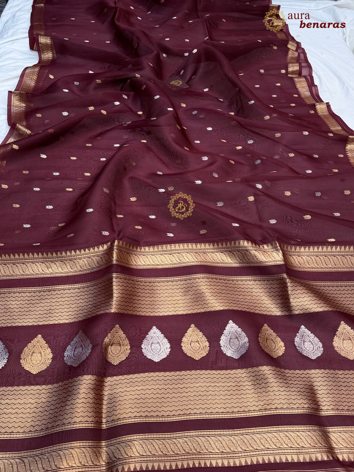 Pure Deep Maroon Kora Silk Banarasi Saree with Kadhwa Flower Butas