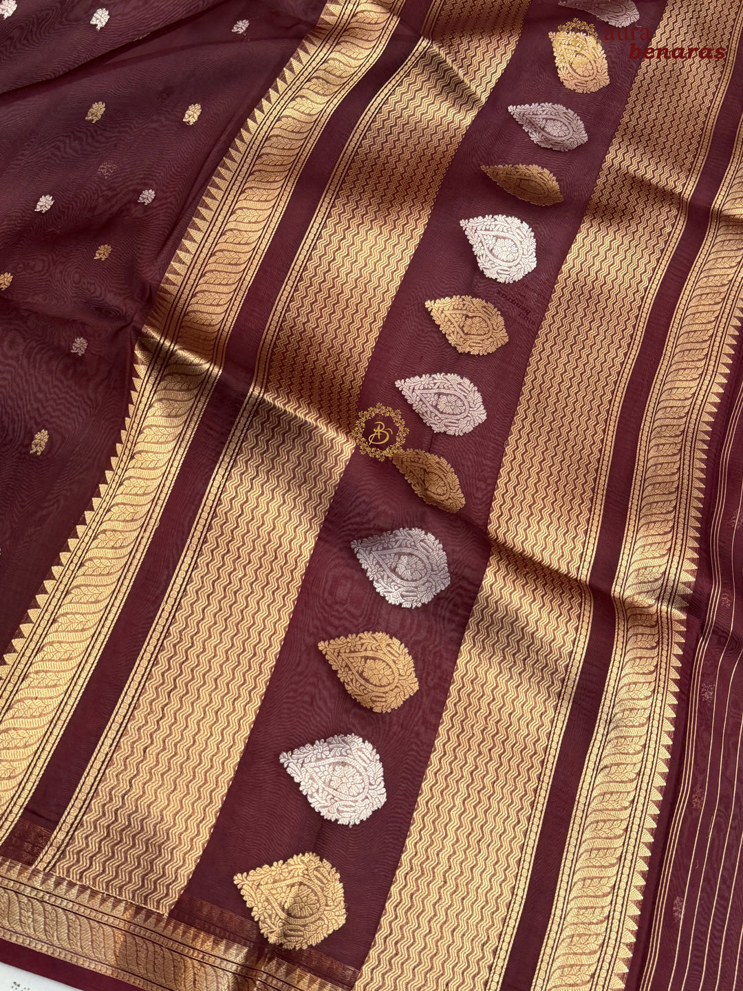 Pure Deep Maroon Kora Silk Banarasi Saree with Kadhwa Flower Butas