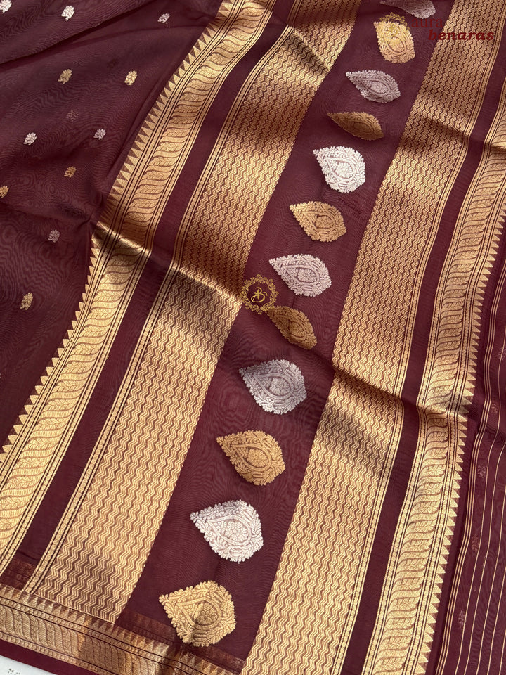 Pure Deep Maroon Kora Silk Banarasi Saree with Kadhwa Flower Butas