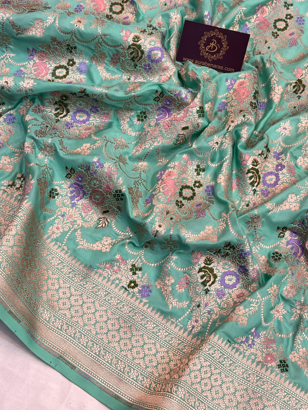 Sea Green Pure Katan Satin Silk Handloom Banarasi Saree