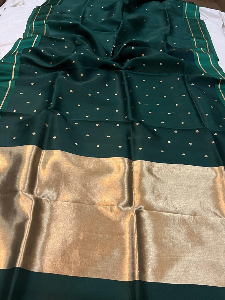 Bottle Green Pure Banarasi Handloom Silk Saree - Aura Benaras