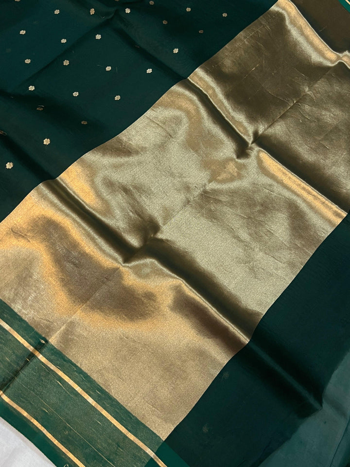 Bottle Green Pure Banarasi Handloom Silk Saree - Aura Benaras