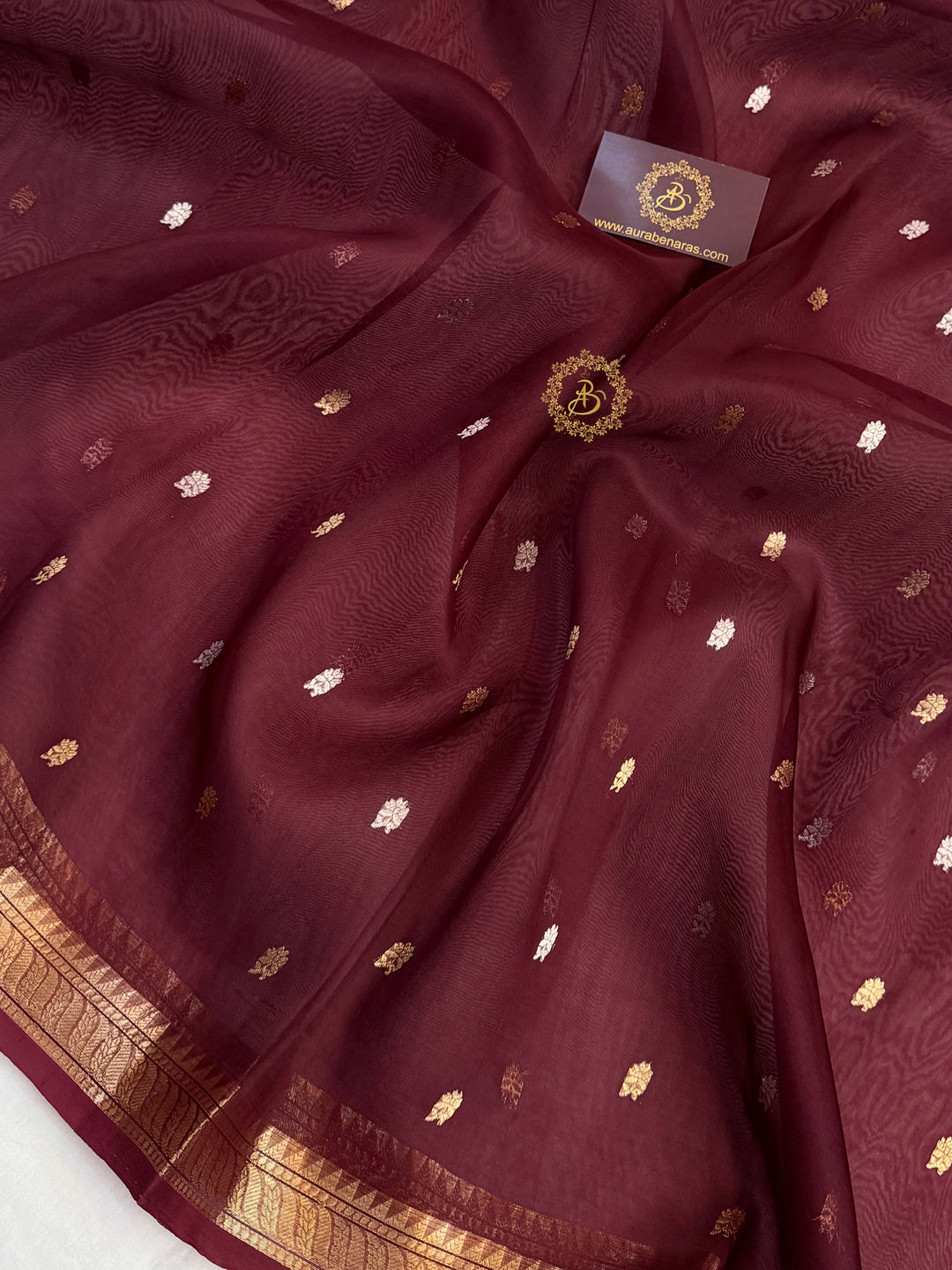 Pure Deep Maroon Kora Silk Banarasi Saree with Kadhwa Flower Butas