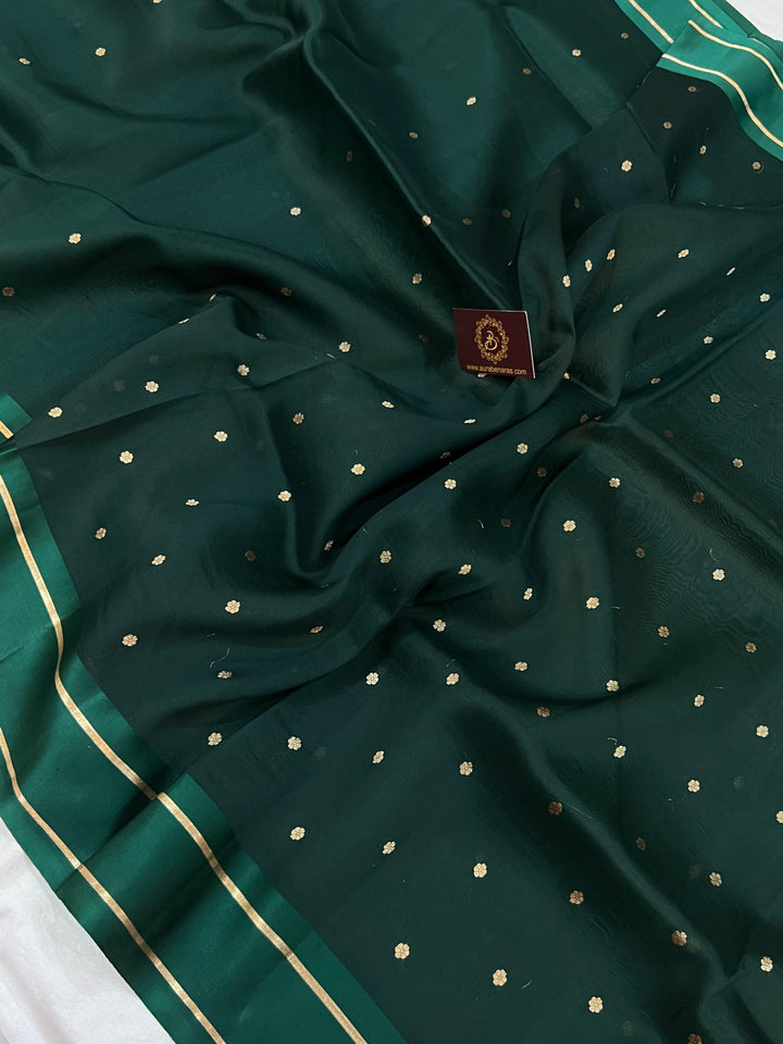 Bottle Green Pure Banarasi Handloom Silk Saree - Aura Benaras