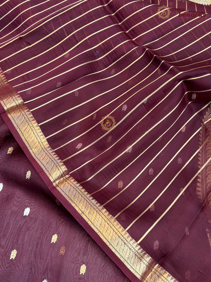 Pure Deep Maroon Kora Silk Banarasi Saree with Kadhwa Flower Butas