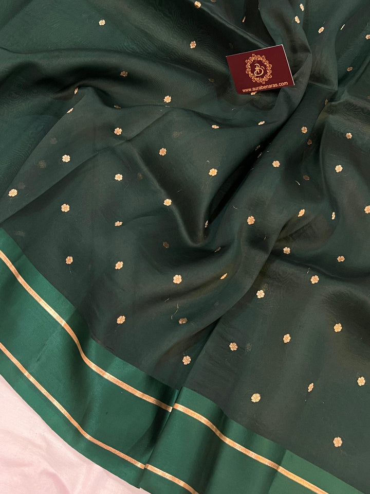 Bottle Green Pure Banarasi Handloom Silk Saree - Aura Benaras