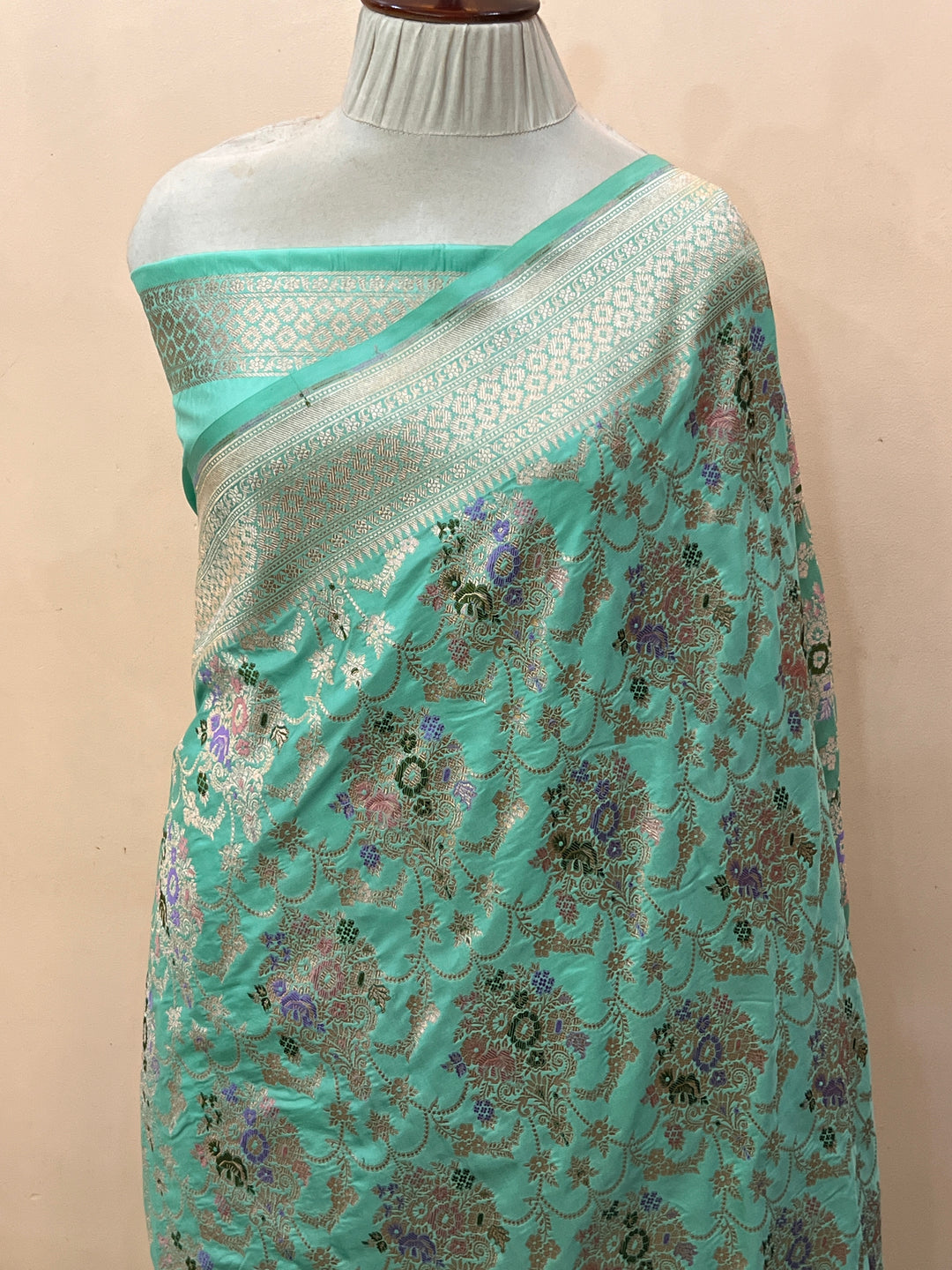 Sea Green Pure Katan Satin Silk Handloom Banarasi Saree