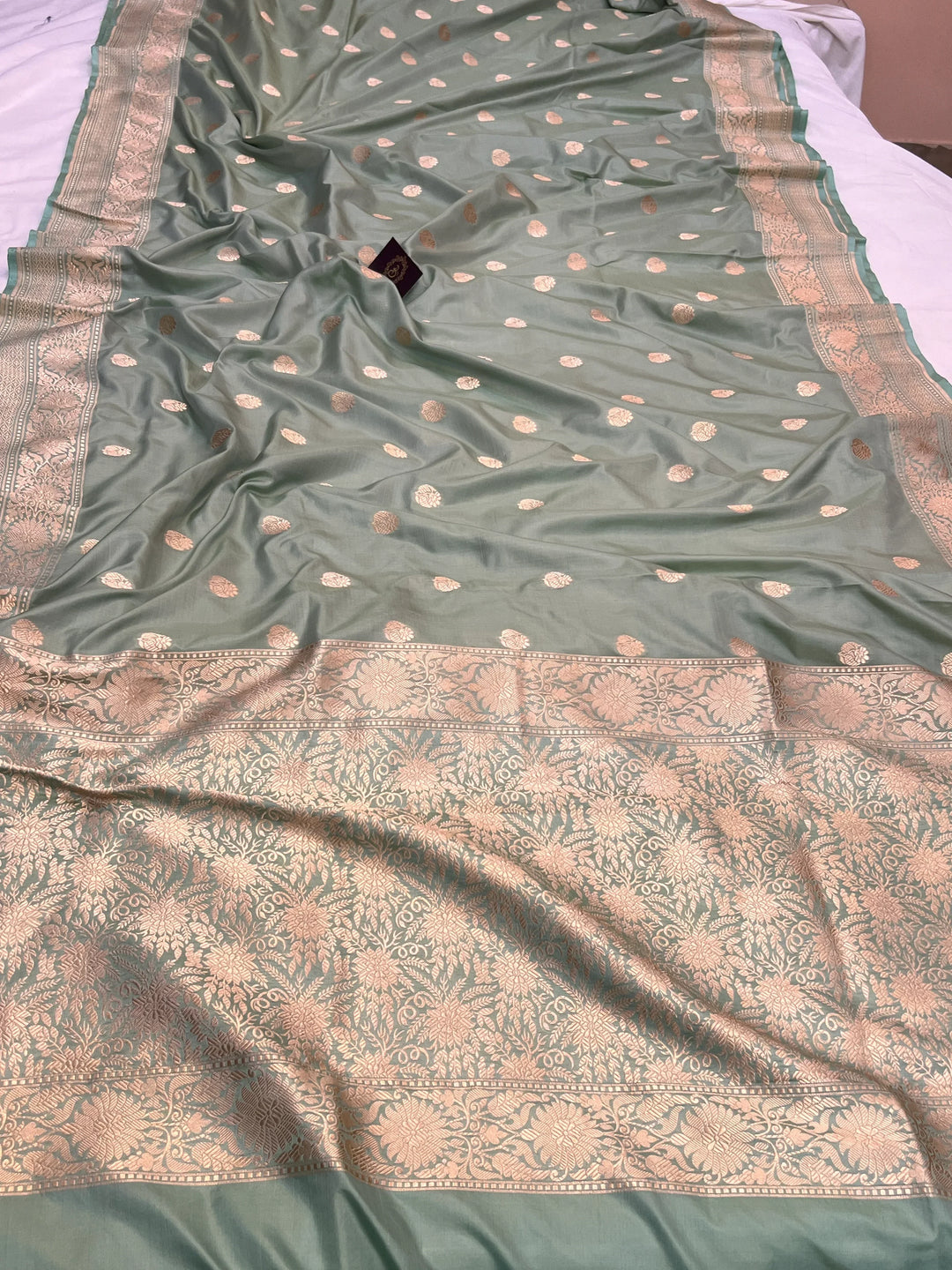 Sage Grey Pure Katan Silk Banarasi Saree with Zari Butis 