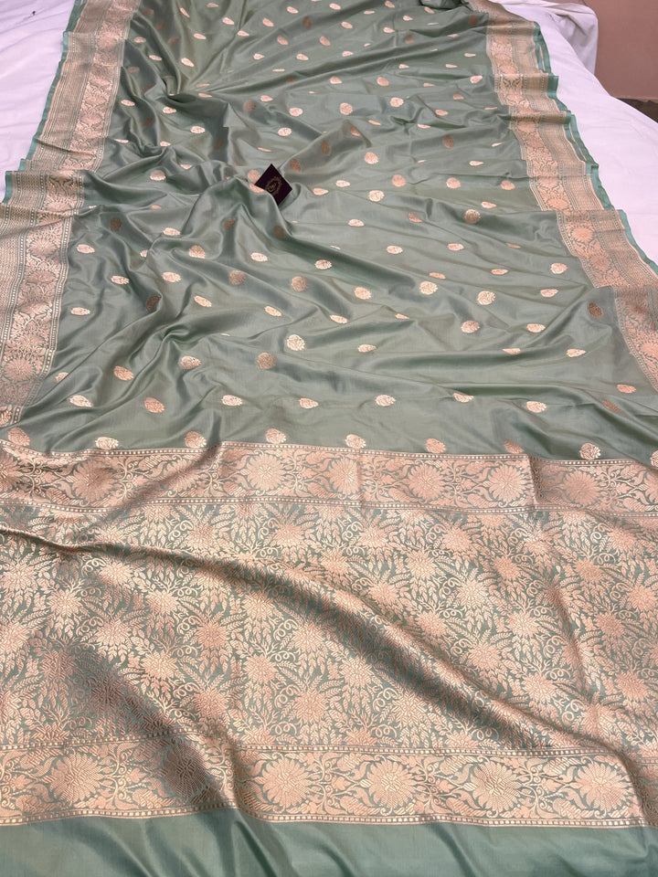 Sage Grey Pure Katan Silk Banarasi Saree with Zari Butis 