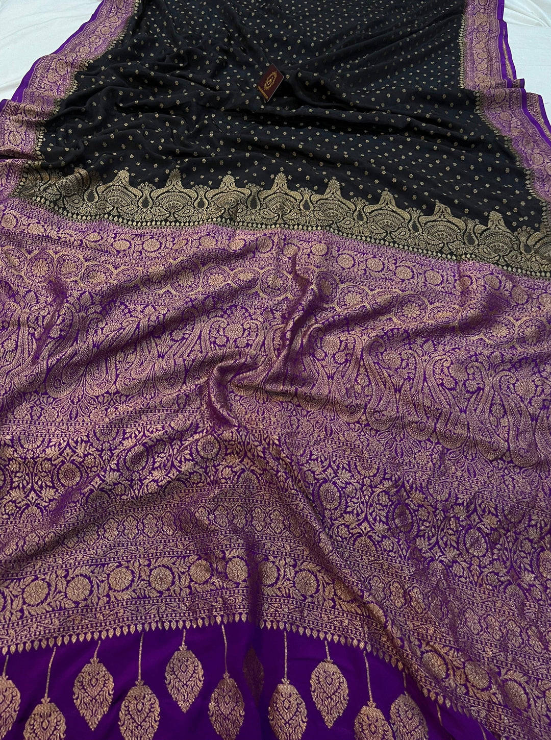 Black Pure Banarasi Khaddi Crepe Silk Saree - Aura Benaras